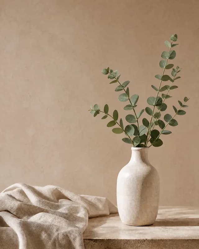 The same picture after one part was changed: fresh eucalyptus in the vase