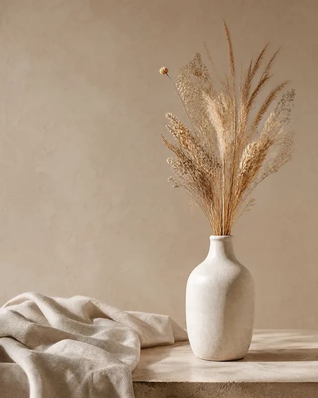 A pale ceramic vase of dried grasses, before the edit