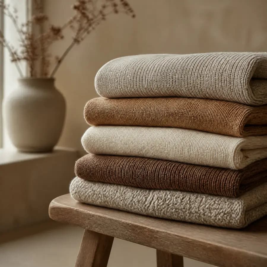 Folded knit textiles in oatmeal and clay tones stacked on a wooden bench