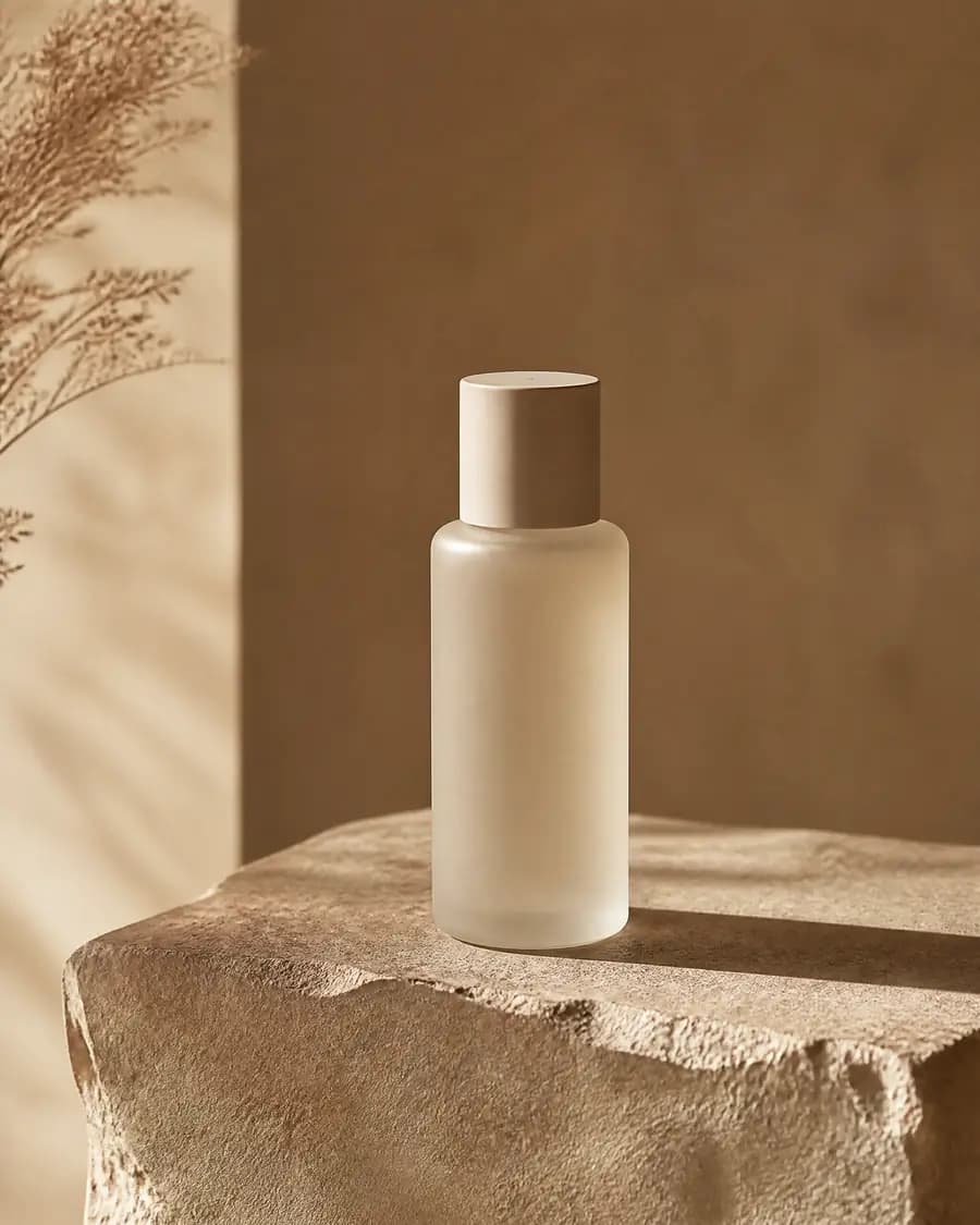 An unlabelled frosted-glass bottle on a rough stone plinth, warm rim light