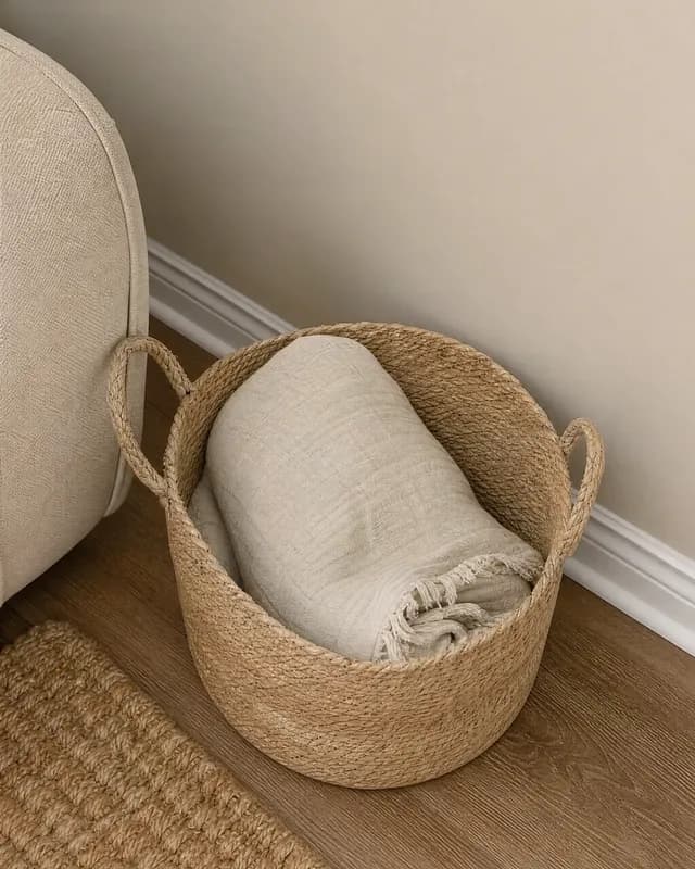 An example phone photo of a seagrass basket with a linen throw
