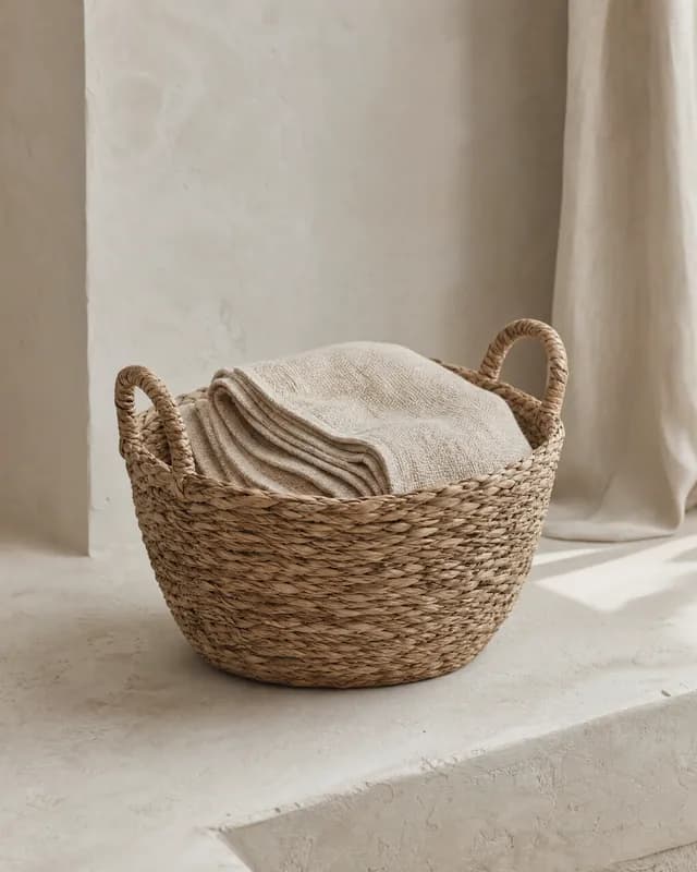 A seagrass basket with a linen throw, re-shot in Latent's Quiet luxury look