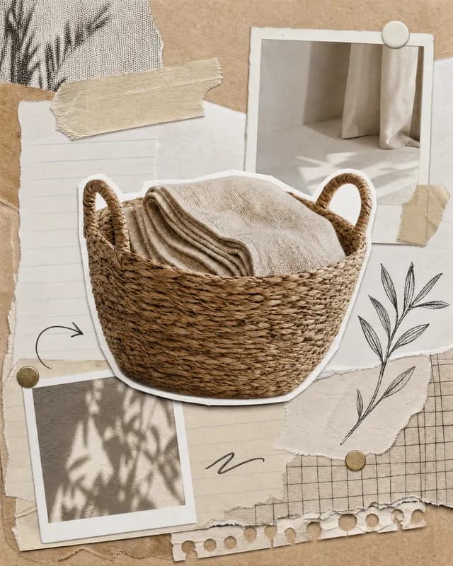 A seagrass basket with a linen throw, re-shot in Latent's Scrapbook look