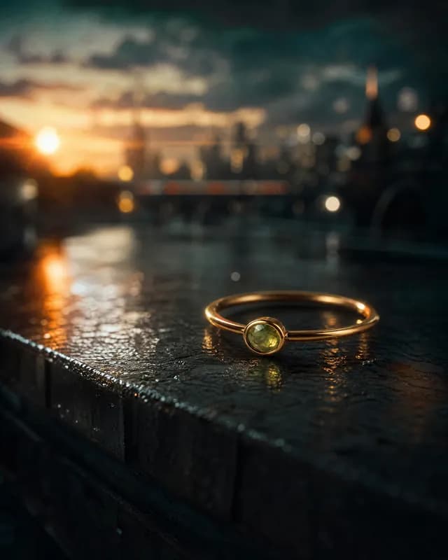 A gold ring with an oval green stone, re-shot in Latent's Cinematic look