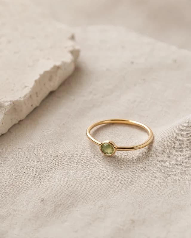 A gold ring with an oval green stone, re-shot in Latent's Quiet luxury look