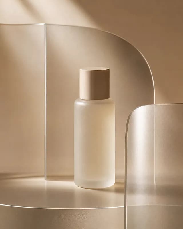 A frosted-glass skincare bottle, re-shot in Latent's Glass 3D look