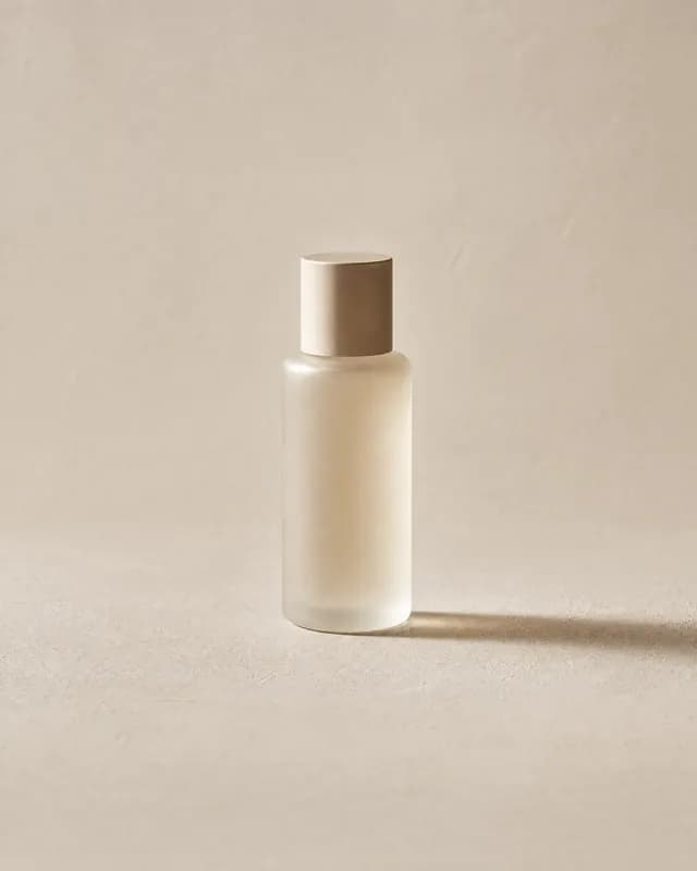 A frosted-glass skincare bottle, re-shot in Latent's Minimal look