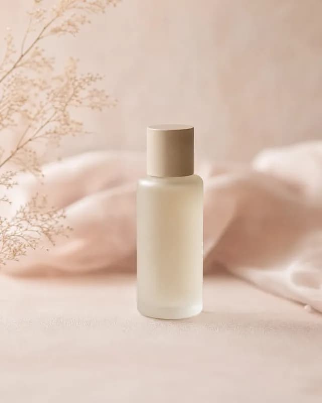 A frosted-glass skincare bottle, re-shot in Latent's Pastel gradient look